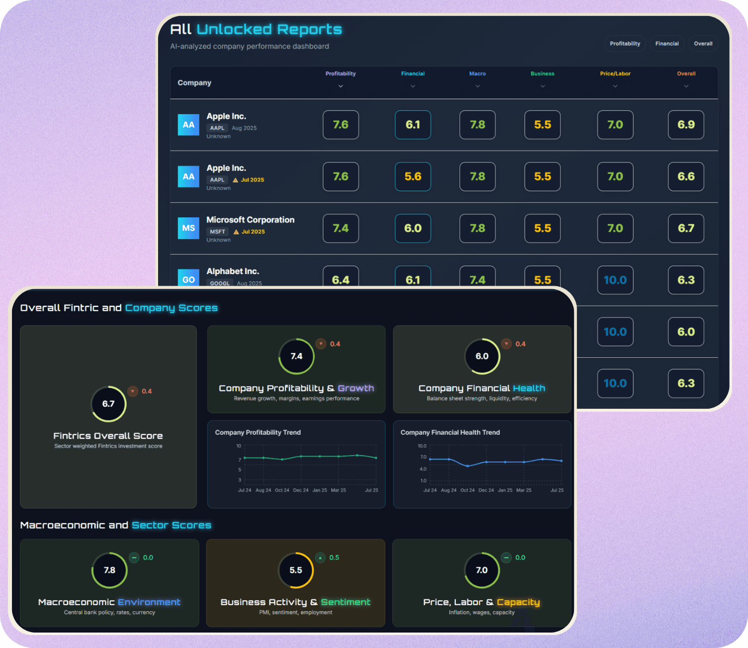 Fintrics unlocked reports dashboard showing category score cards